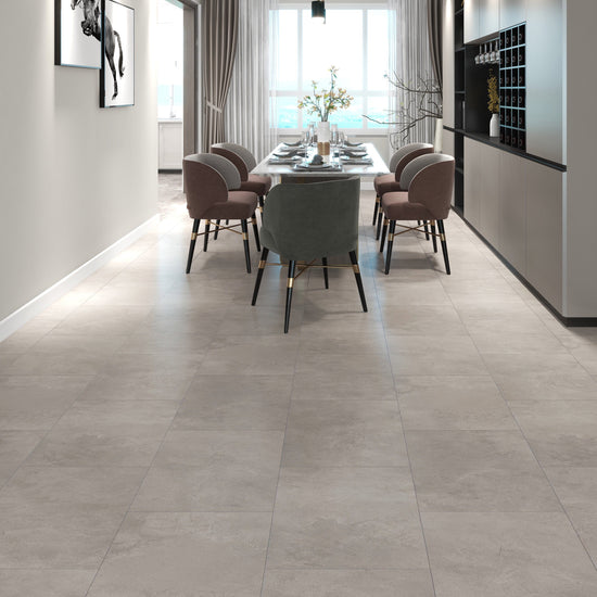Klick-Vinyl sandfarbig in Fliesenoptik